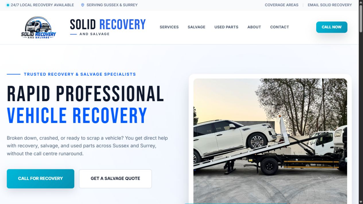 Solid Recovery and Salvage website homepage, designed and built by PulseCreate